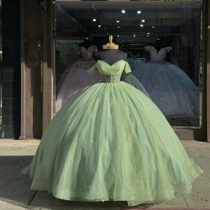 Sweetheart Neck Crystal Sage Green Quinceanera Dresses Off Shoulder Sequin 15 Dress