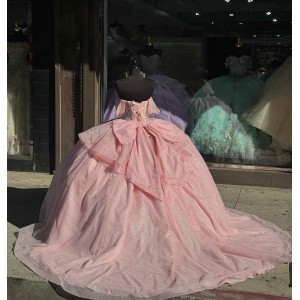 Sweetheart Neck Pink Quinceanera Dresses Off Shoulder 15 Dress With Bow