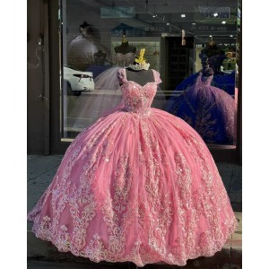 Sweetheart Neckline Hot Pink Quinceanera Dresses Lace Appliqued Off Shoulder 15 Dress