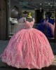 Sweetheart Neckline Hot Pink Quinceanera Dresses Lace Appliqued Off Shoulder 15 Dress