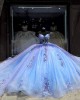 V Neck Light Blue Quinceanera Dress Pearl Lace Appliquéd 15 Dresses