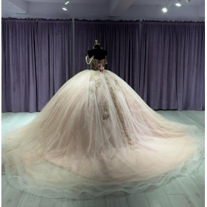 V Neck Rose Gold Quinceanera Dresses Off Shoulder 15 Dress With 3D Floral Appliques