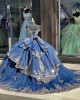 V neck Blue Quinceanera Dresses Metallic Sequin Off Shoulder 15 Dress With Bow