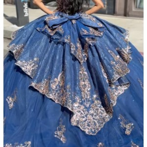 V neck Blue Quinceanera Dresses Metallic Sequin Off Shoulder 15 Dress With Bow