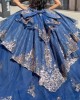 V neck Blue Quinceanera Dresses Metallic Sequin Off Shoulder 15 Dress With Bow