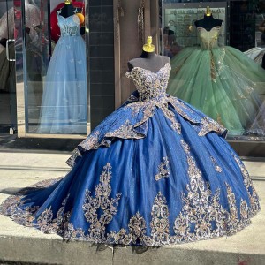 V neck Blue Quinceanera Dresses Metallic Sequin Off Shoulder 15 Dress With Bow