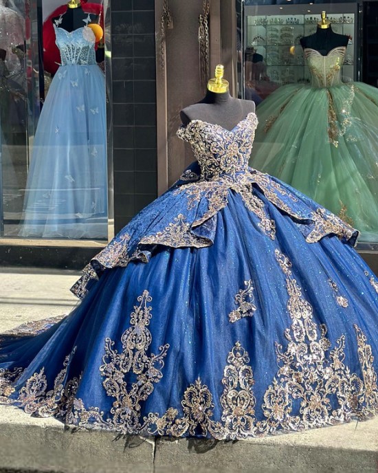 V neck Blue Quinceanera Dresses Metallic Sequin Off Shoulder 15 Dress With Bow