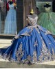 V neck Blue Quinceanera Dresses Metallic Sequin Off Shoulder 15 Dress With Bow