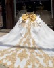 White And Gold Quinceanera Dress Long Sleeve Ball Gown With Bow