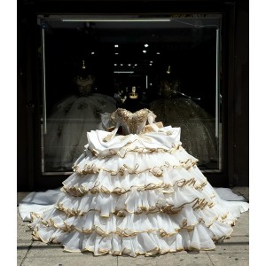 White And Gold Quinceanera Dress Long Sleeve Ball Gown With Bow