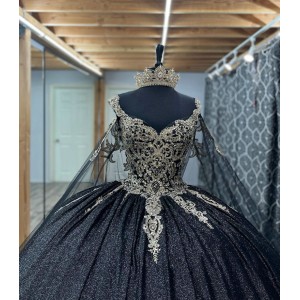 Cape Sleeve Black Quince Dresses Metallic Sequin 15 Dress Sweetheart Neck Ball Gown