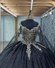 Cape Sleeve Black Quince Dresses Metallic Sequin 15 Dress Sweetheart Neck Ball Gown