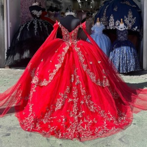 Cape Sleeve Red Quinceanera Dresses Sweetheart Neck Ball Gown Metallic Flower 15 Dress