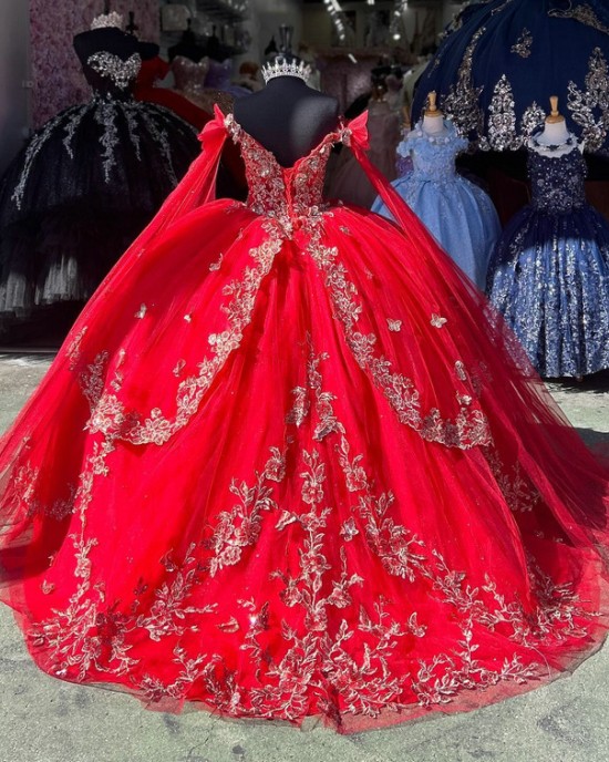 Cape Sleeve Red Quinceanera Dresses Sweetheart Neck Ball Gown Metallic Flower 15 Dress