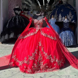 Cape Sleeve Red Quinceanera Dresses Sweetheart Neck Ball Gown Metallic Flower 15 Dress