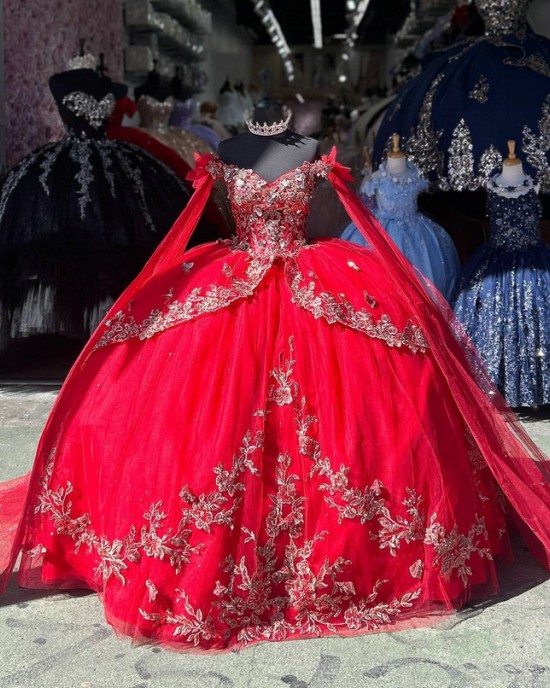 Cape Sleeve Red Quinceanera Dresses Sweetheart Neck Ball Gown Metallic Flower 15 Dress