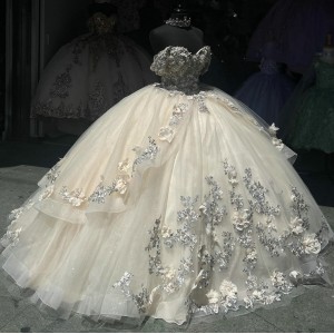 Champagne Quinceanera Dress 3D Floral Appliques Off Shoulder Ball Gown 15 Dresses