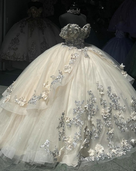 Champagne Quinceanera Dress 3D Floral Appliques Off Shoulder Ball Gown 15 Dresses