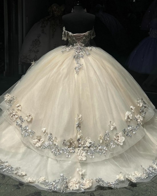 Champagne Quinceanera Dress 3D Floral Appliques Off Shoulder Ball Gown 15 Dresses