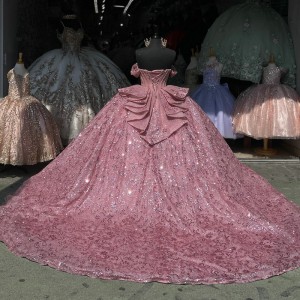 Crystal Rose Gold Quinceanera Dresses Off Shoulder Ball Gown Metallic Sequin 15 Dress With Bow