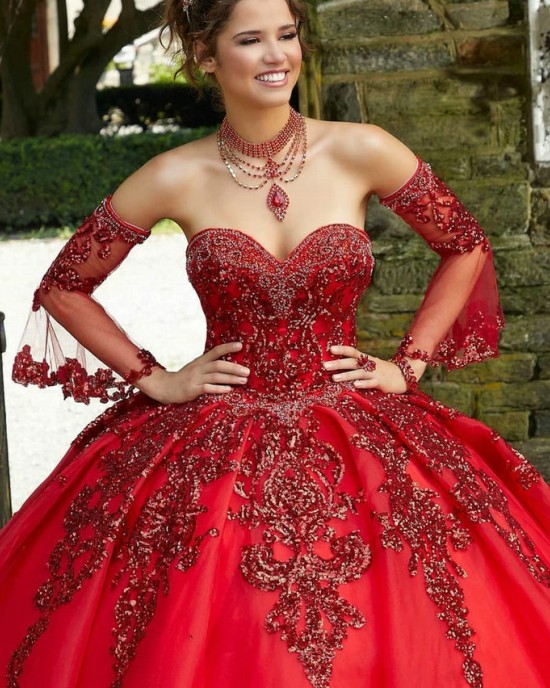 Detachable Red Quince Dresses Metallic Sequin 15 Dress Sweetheart Neck Ball Gown