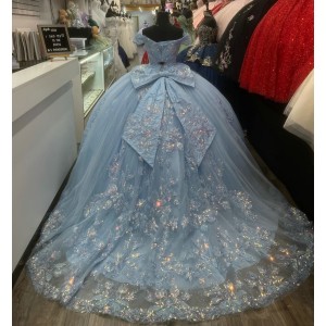 Glitter Crystal Sky Blue Quince Dresses Sweetheart Neck Ball Gown Lace Appliques 15 Dress With Bow