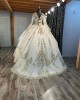 Long Sleeve Champagne Quince Dresses Metallic Sequin 15 Dress V Neck Ball Gown