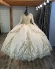 Long Sleeve Champagne Quince Dresses Metallic Sequin 15 Dress V Neck Ball Gown