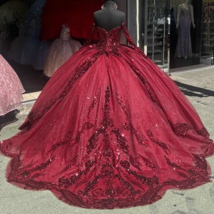 Long Sleeve Red Quinceanera Dress Sweetheart Neck Ball Gown Metallic Sequin 15 Dresses