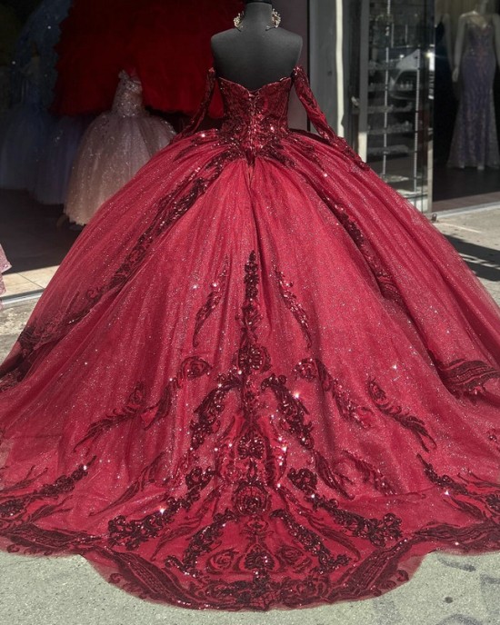 Long Sleeve Red Quinceanera Dress Sweetheart Neck Ball Gown Metallic Sequin 15 Dresses