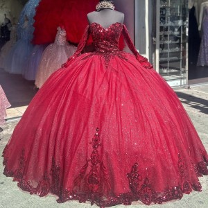 Long Sleeve Red Quinceanera Dress Sweetheart Neck Ball Gown Metallic Sequin 15 Dresses