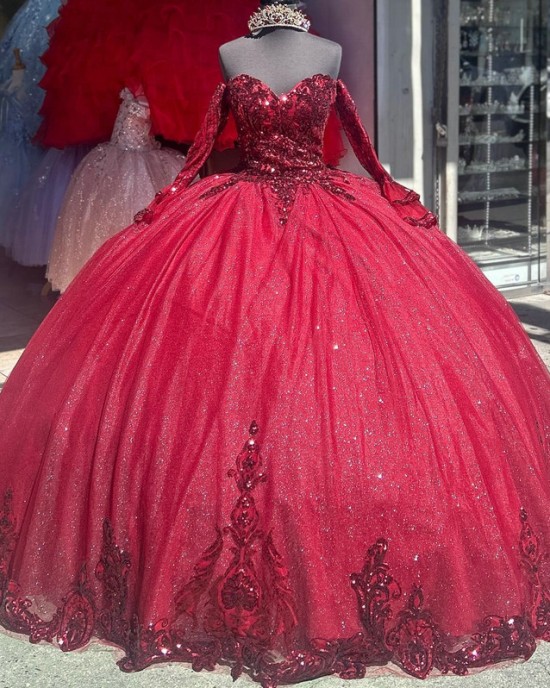 Long Sleeve Red Quinceanera Dress Sweetheart Neck Ball Gown Metallic Sequin 15 Dresses