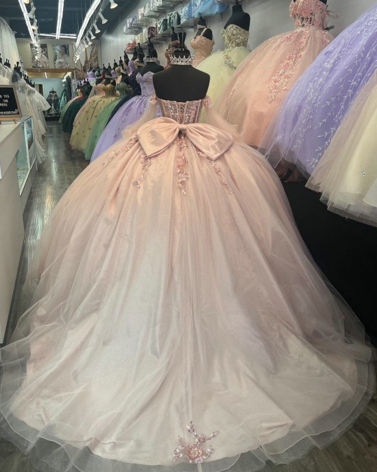 Long Sleeve Rose Gold Quince Dresses Pearl 15 Dress Sweetheart Neck Ball Gown With Bow