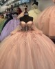 Long Sleeve Rose Gold Quince Dresses Pearl 15 Dress Sweetheart Neck Ball Gown With Bow