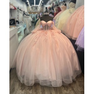 Long Sleeve Rose Gold Quince Dresses Pearl 15 Dress Sweetheart Neck Ball Gown With Bow