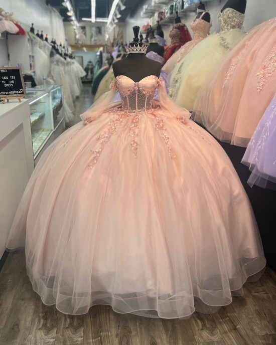 Long Sleeve Rose Gold Quince Dresses Pearl 15 Dress Sweetheart Neck Ball Gown With Bow