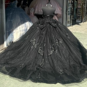 Off Shoulder Black Quinceanera Dresses Sweetheart Neck Ball Gown Metallic Sequin 3D Floral Appliques 15 Dress With Bow