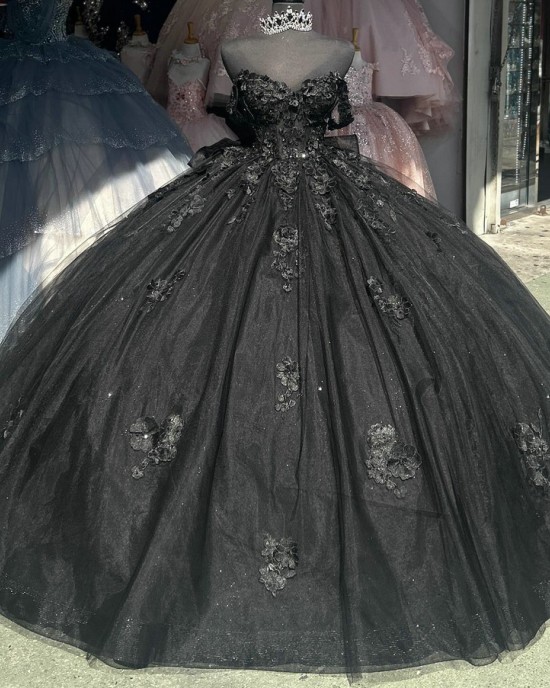 Off Shoulder Black Quinceanera Dresses Sweetheart Neck Ball Gown Metallic Sequin 3D Floral Appliques 15 Dress With Bow