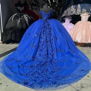 Off Shoulder Blue Quinceanera Dresses Sweetheart Neck Ball Gown Metallic Sequin 15 Dress With Three Dimensional Butterfly