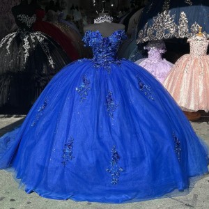 Off Shoulder Blue Quinceanera Dresses Sweetheart Neck Ball Gown Metallic Sequin 15 Dress With Three Dimensional Butterfly