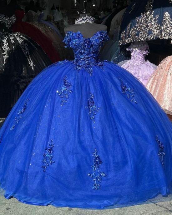 Off Shoulder Blue Quinceanera Dresses Sweetheart Neck Ball Gown Metallic Sequin 15 Dress With Three Dimensional Butterfly