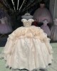 Off Shoulder Champagne Quince Dresses Lace Appliques 15 Dress V Neck Ball Gown