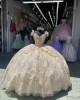 Off Shoulder Champagne Quince Dresses Metallic Sequin 15 Dress V Neck Ball Gown With Bow