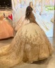 Off Shoulder Champagne Quince Dresses Scoop Neck Ball Gown Metallic Sequin 15 Dress