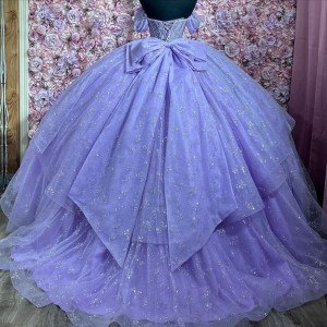 Off Shoulder Lilac Quince Dresses Scoop Neck Ball Gown Metallic Sequin 15 Dress With Bow