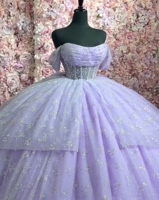 Off Shoulder Lilac Quince Dresses Scoop Neck Ball Gown Metallic Sequin 15 Dress With Bow