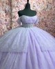 Off Shoulder Lilac Quince Dresses Scoop Neck Ball Gown Metallic Sequin 15 Dress With Bow