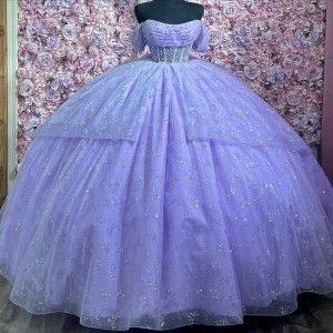 Off Shoulder Lilac Quince Dresses Scoop Neck Ball Gown Metallic Sequin 15 Dress With Bow