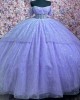 Off Shoulder Lilac Quince Dresses Scoop Neck Ball Gown Metallic Sequin 15 Dress With Bow