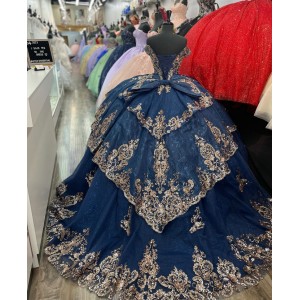 Off Shoulder Navy Blue Quince Dresses Sweetheart Neck Ball Gown Metallic Sequin 15 Dress With Bow